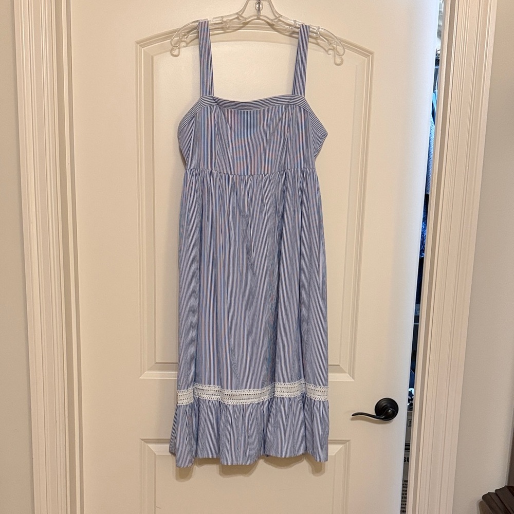 Light Blue Pinstripe Sundress with White Lace Hem